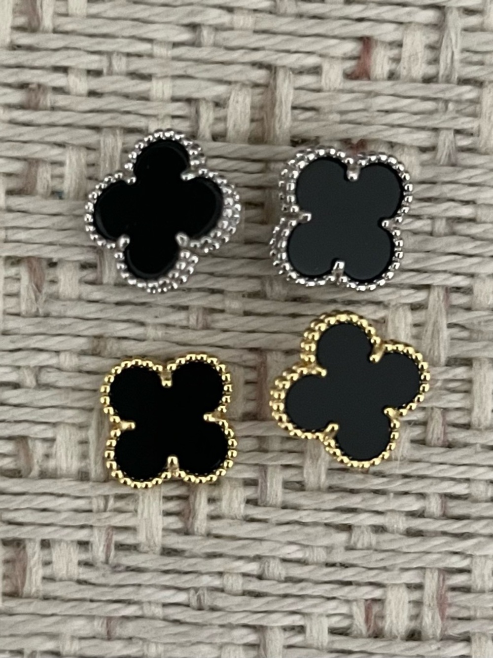 Black Clover Motif Stud Earrings - Gold & Silver Trim OR White w/Gold…VC